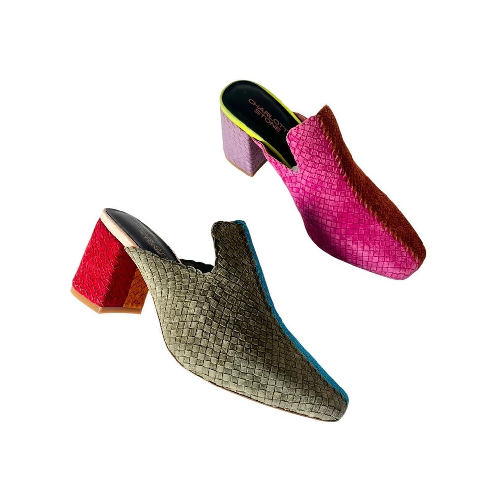 Charlotte Stone Mae Mismatch Woven Suede Block Heel Mules Bermuda Size 9